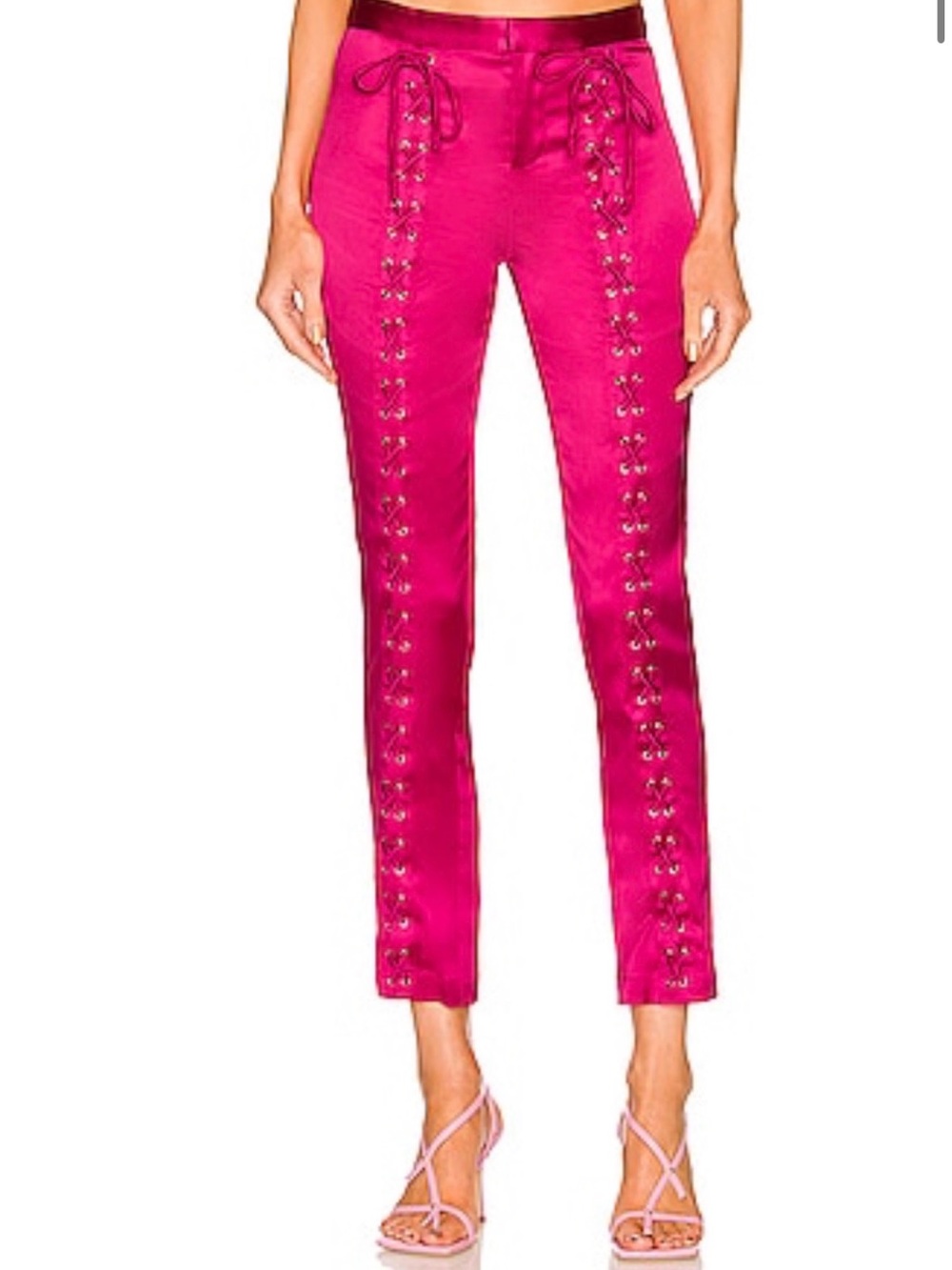 NWT Song of Style Ewan Fuchsia Pink Satin Lace-Up Front Grommet cropped Pants XS - Picture 2 of 9